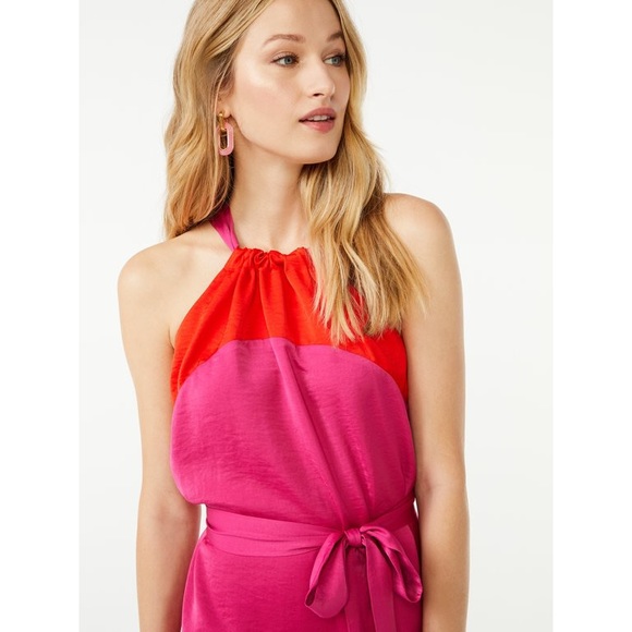 NWT Scoop Women's Halter Top Color Block Midi Dress with Tie at Waist - Picture 3 of 6